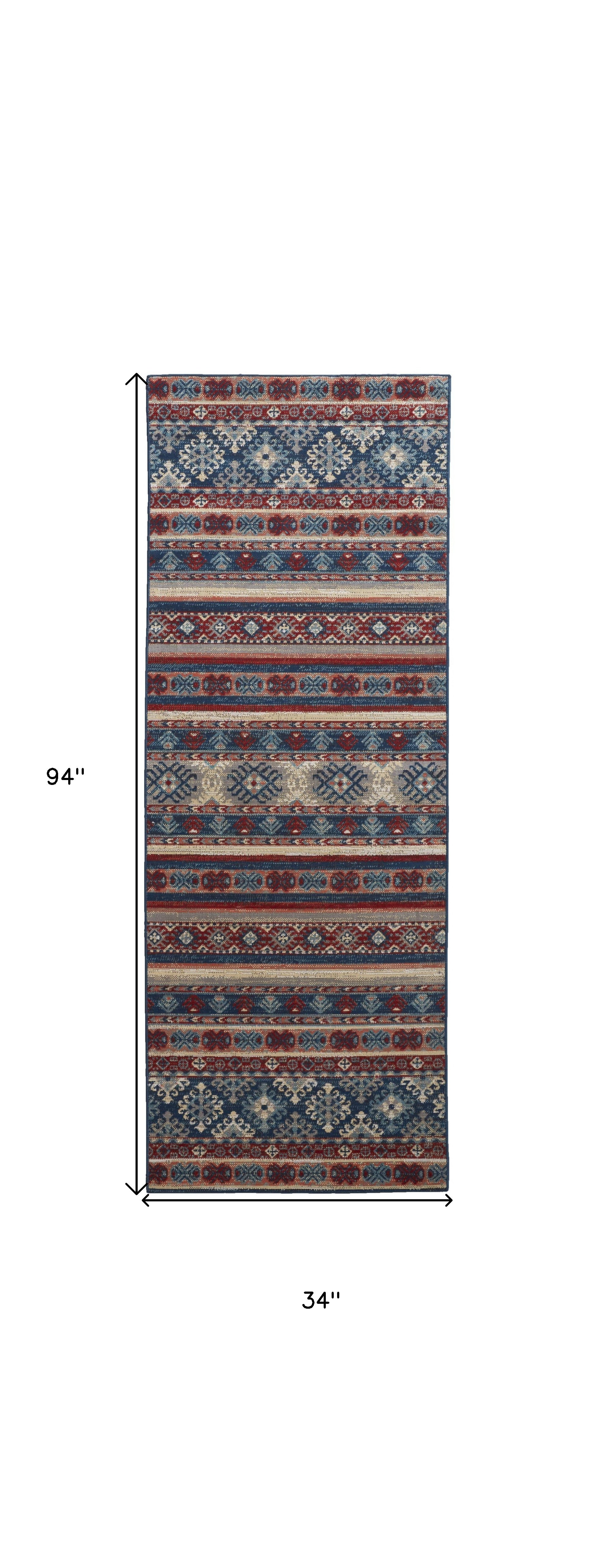 8' Blue Red And Ivory Geometric Power Loom Distressed Stain Resistant Runner Rug