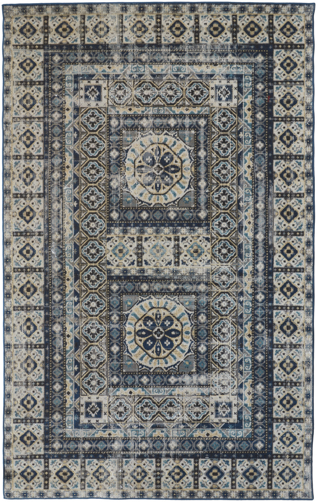 5' X 8' Ivory Tan And Blue Abstract Power Loom Distressed Stain Resistant Area Rug