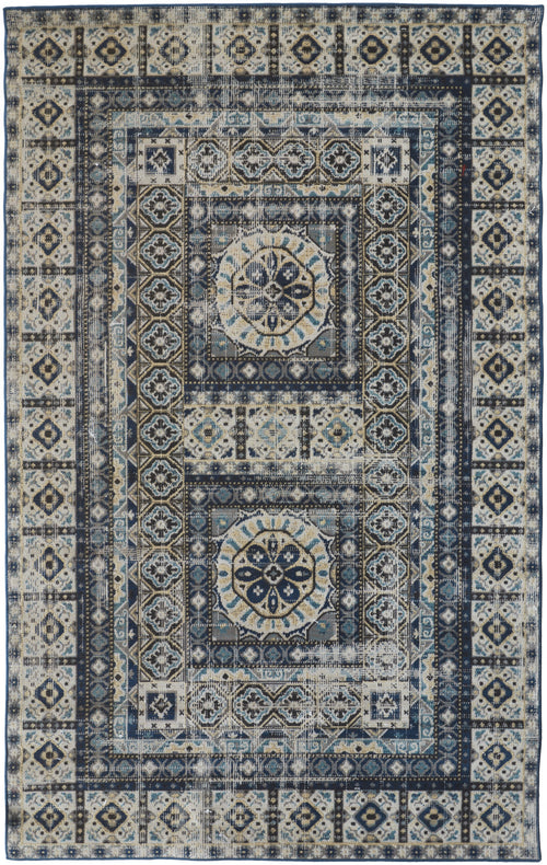 7' X 10' Ivory Tan And Blue Abstract Power Loom Distressed Stain Resistant Area Rug