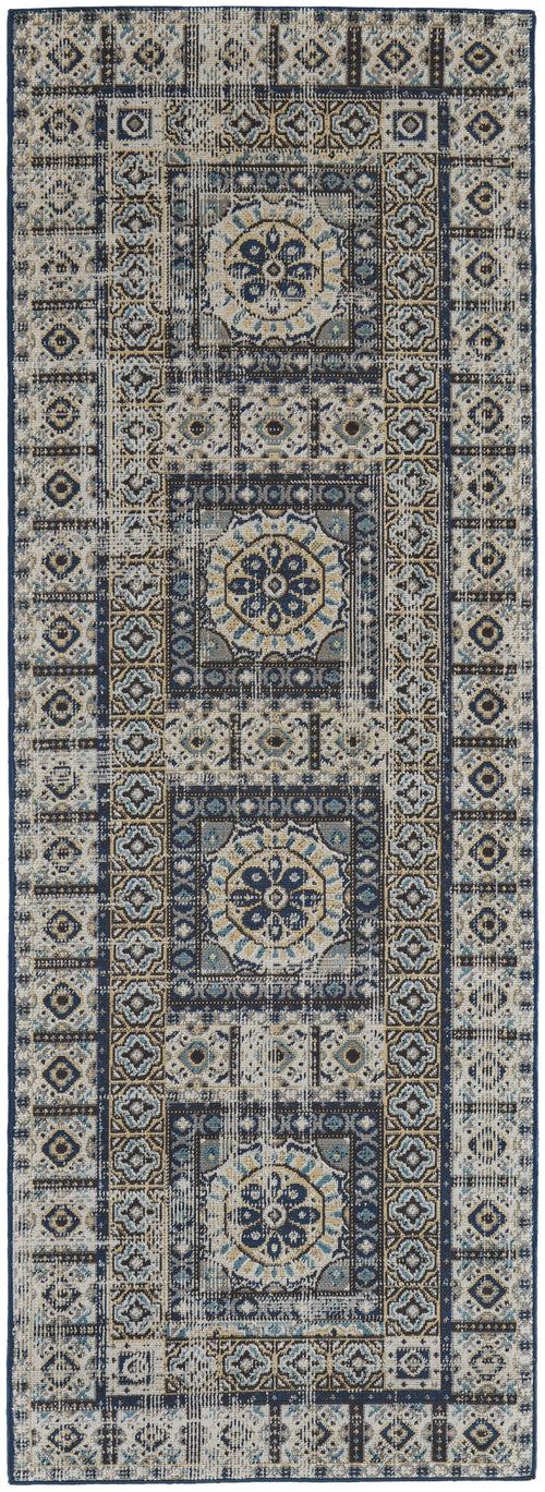 8' Ivory Tan And Blue Abstract Power Loom Distressed Stain Resistant Runner Rug