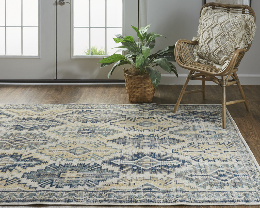 8' X 11' Green Blue And Ivory Abstract Power Loom Distressed Stain Resistant Area Rug