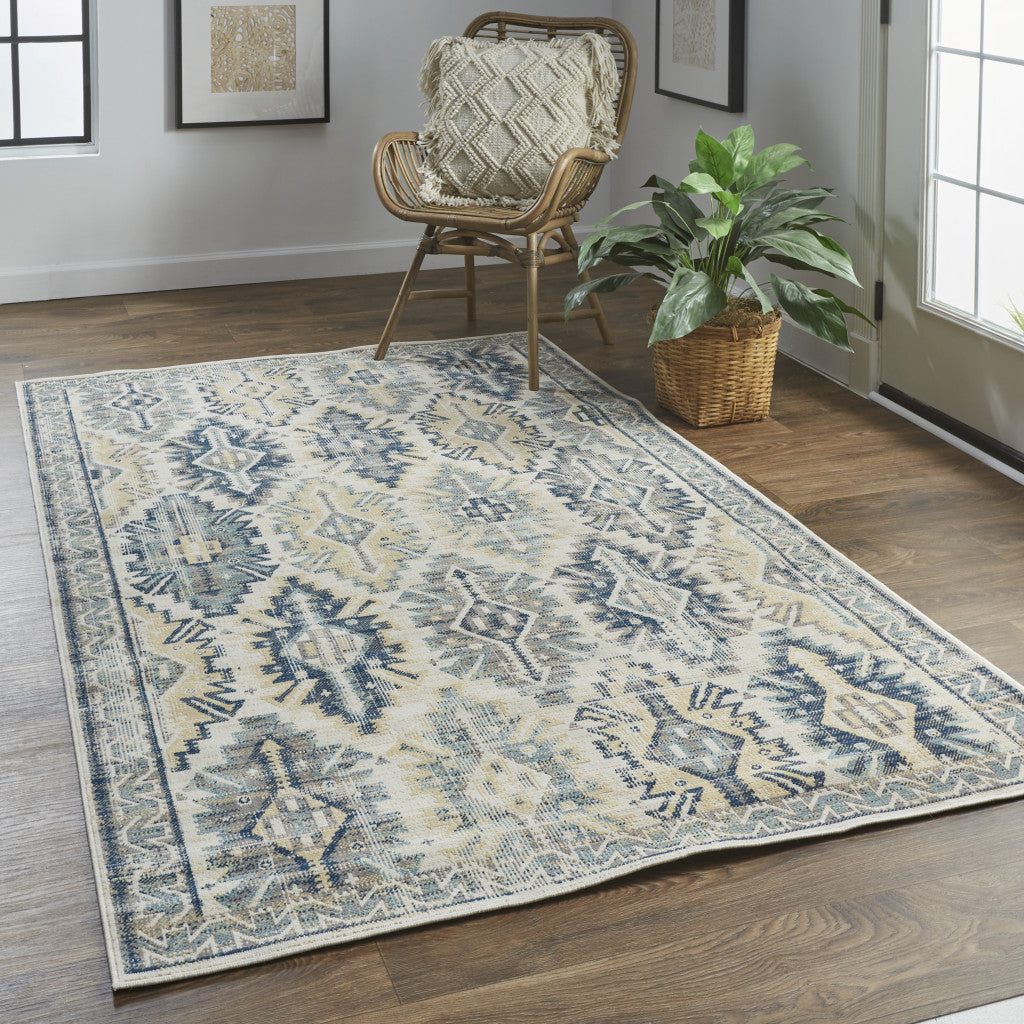 10' X 13' Green Blue And Ivory Abstract Power Loom Distressed Stain Resistant Area Rug