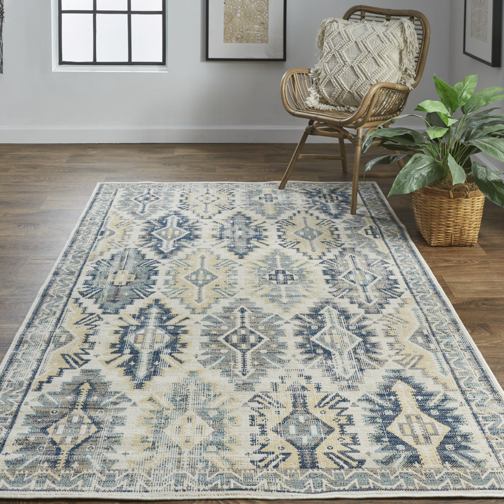 10' X 13' Green Blue And Ivory Abstract Power Loom Distressed Stain Resistant Area Rug