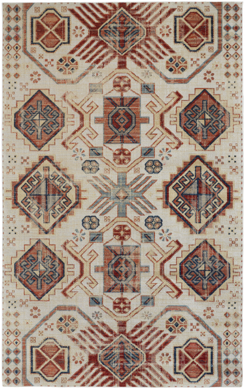 5' X 8' Ivory Red And Tan Abstract Power Loom Distressed Stain Resistant Area Rug