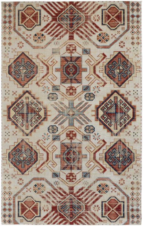 5' X 8' Ivory Red And Tan Abstract Power Loom Distressed Stain Resistant Area Rug