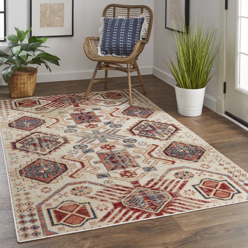 8' X 11' Ivory Red And Tan Abstract Power Loom Distressed Stain Resistant Area Rug