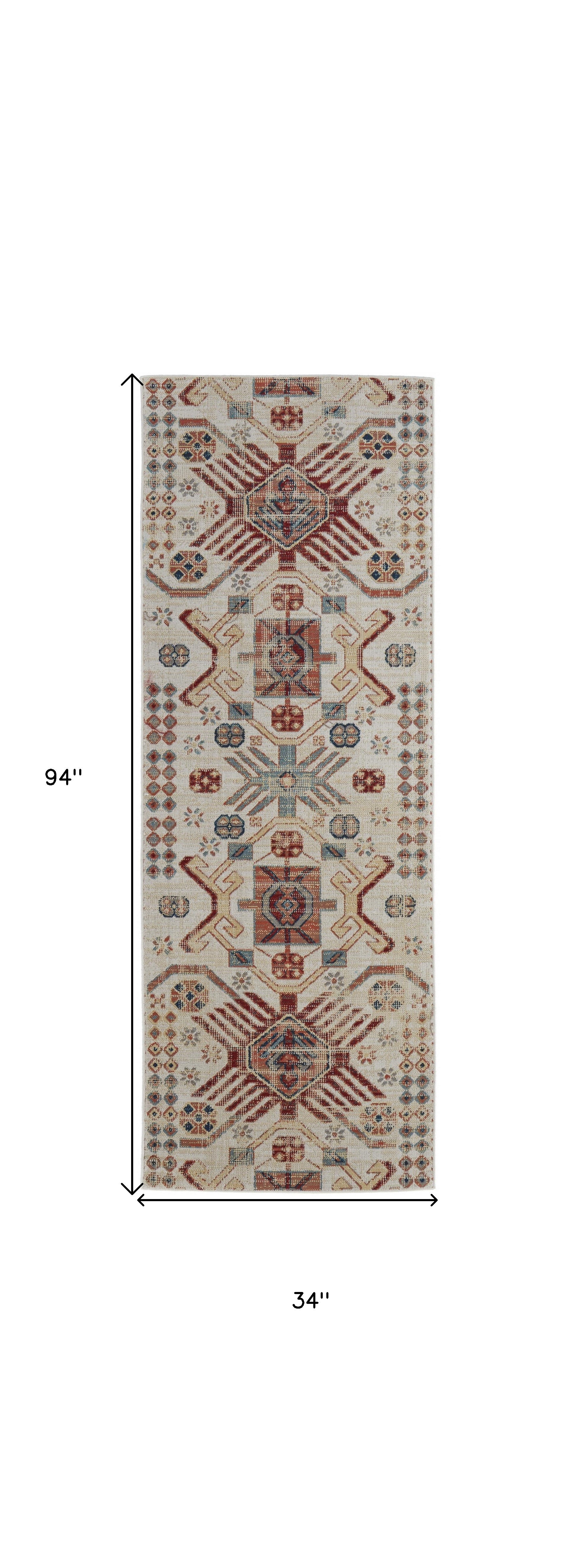 8' Ivory Red And Tan Abstract Power Loom Distressed Stain Resistant Runner Rug