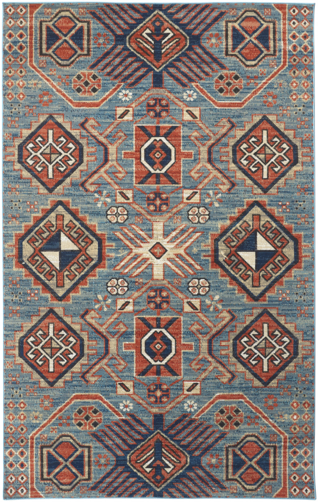 8' X 11' Blue Red And Tan Abstract Power Loom Distressed Stain Resistant Area Rug