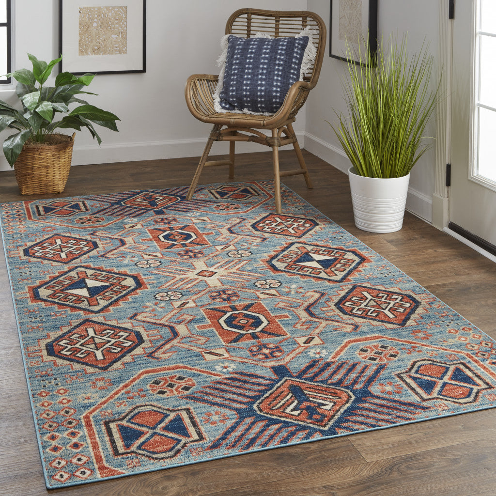 8' X 11' Blue Red And Tan Abstract Power Loom Distressed Stain Resistant Area Rug