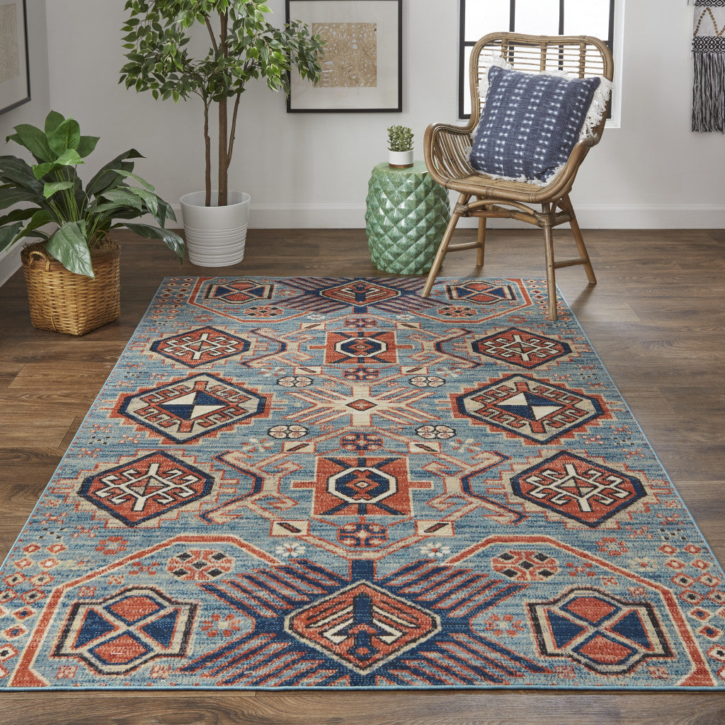 8' X 11' Blue Red And Tan Abstract Power Loom Distressed Stain Resistant Area Rug