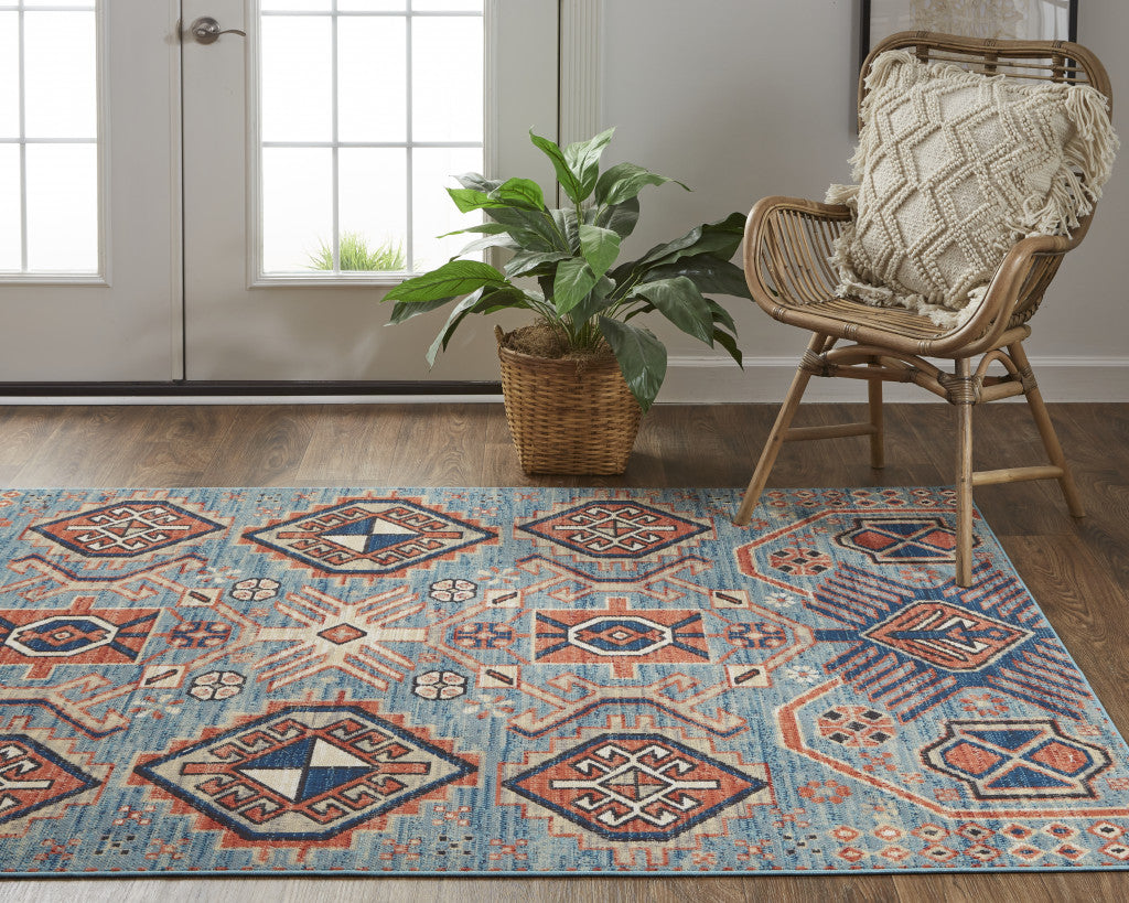 8' X 11' Blue Red And Tan Abstract Power Loom Distressed Stain Resistant Area Rug