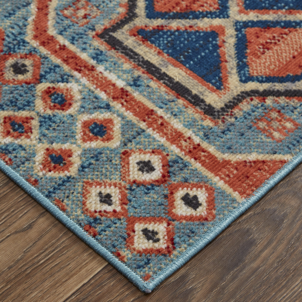 8' X 11' Blue Red And Tan Abstract Power Loom Distressed Stain Resistant Area Rug