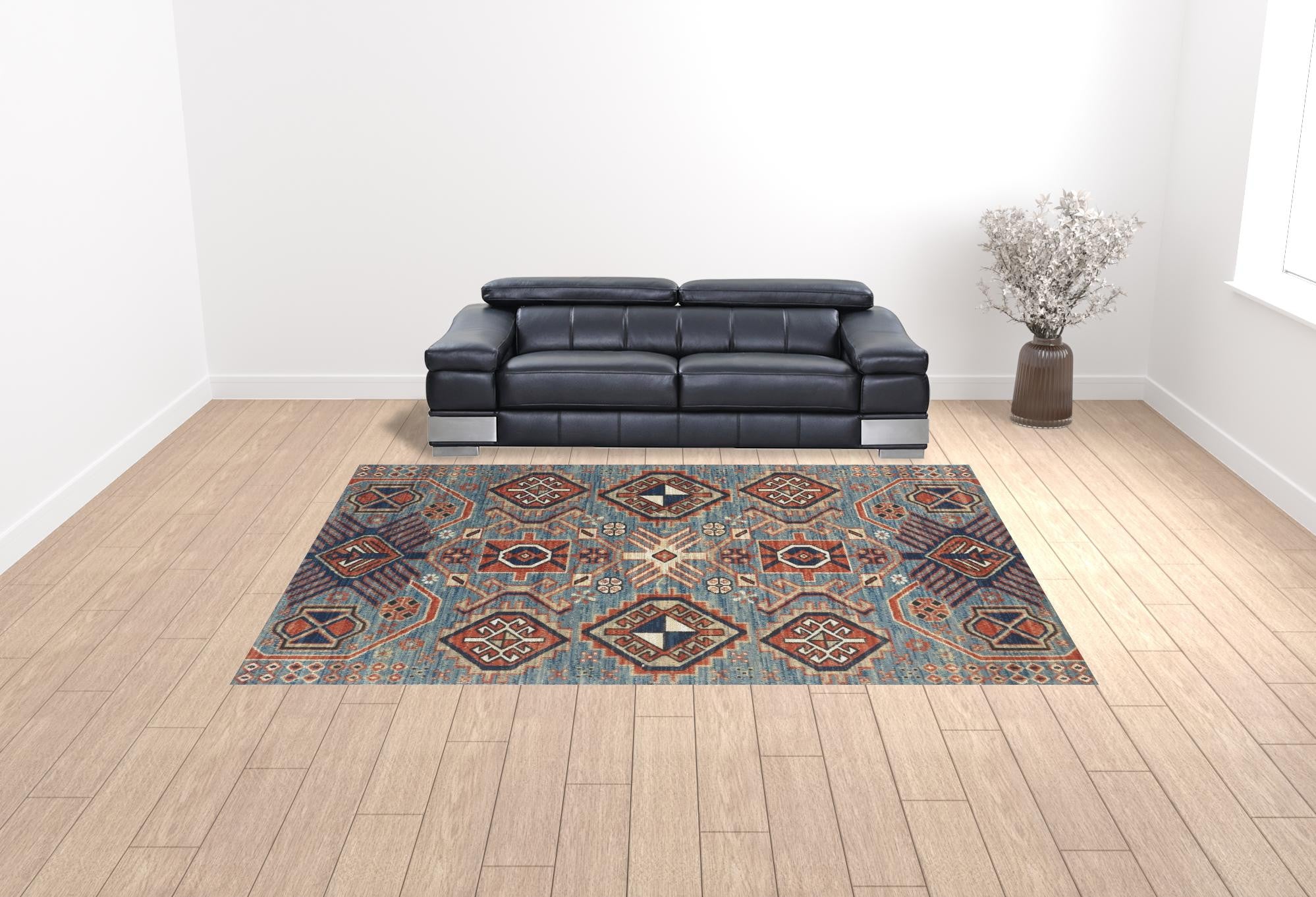 10' X 13' Blue Red And Tan Abstract Power Loom Distressed Stain Resistant Area Rug