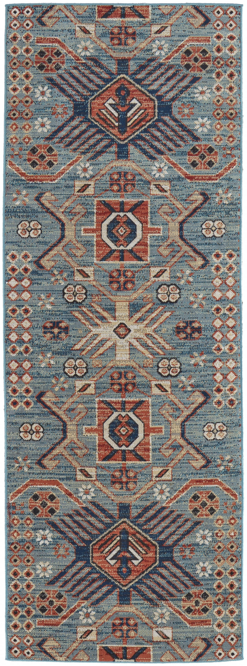 8' Blue Red And Tan Abstract Power Loom Distressed Stain Resistant Runner Rug