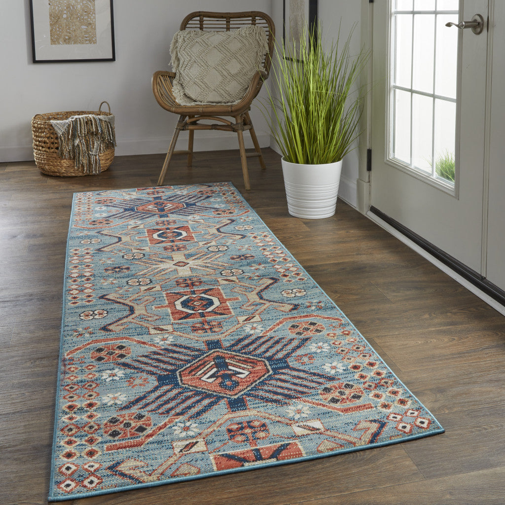 8' Blue Red And Tan Abstract Power Loom Distressed Stain Resistant Runner Rug