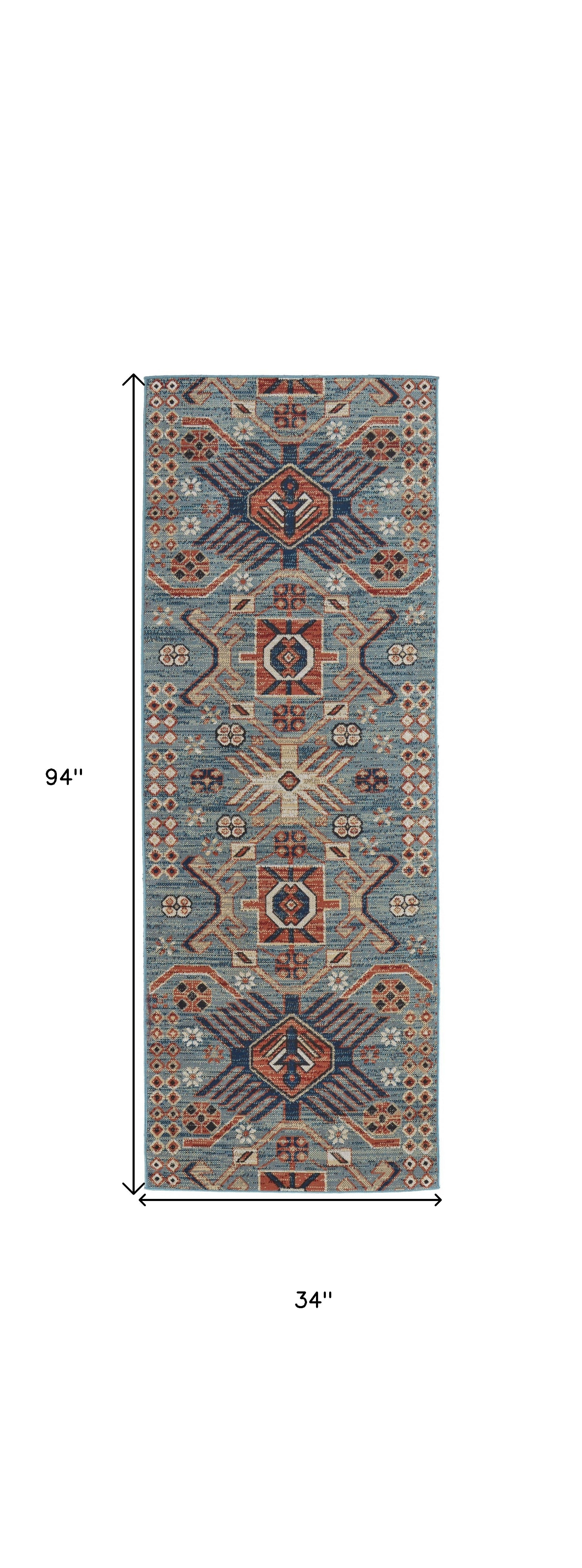 8' Blue Red And Tan Abstract Power Loom Distressed Stain Resistant Runner Rug