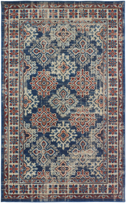 7' X 10' Blue Red And Ivory Abstract Power Loom Distressed Stain Resistant Area Rug