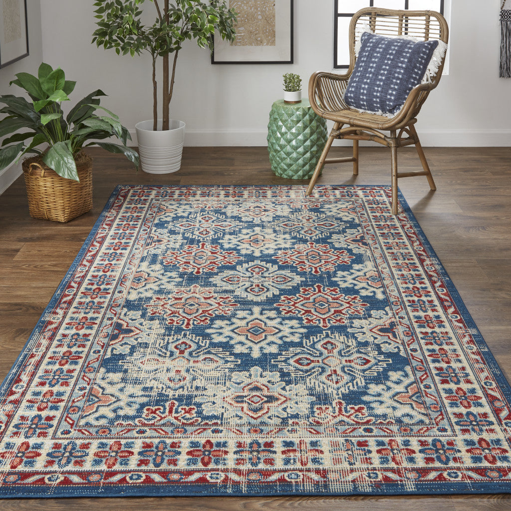 7' X 10' Blue Red And Ivory Abstract Power Loom Distressed Stain Resistant Area Rug