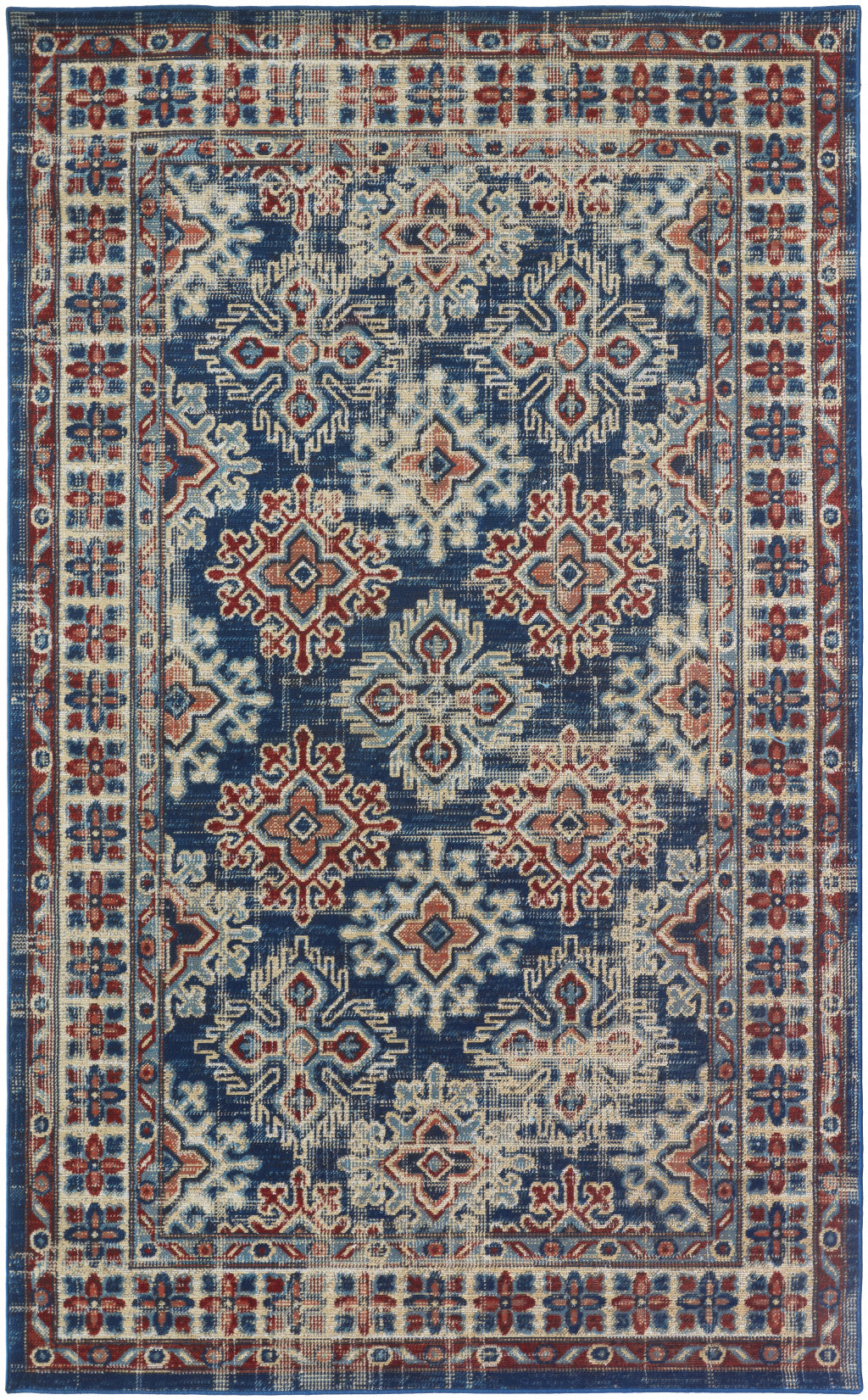 8' X 11' Blue Red And Ivory Abstract Power Loom Distressed Stain Resistant Area Rug