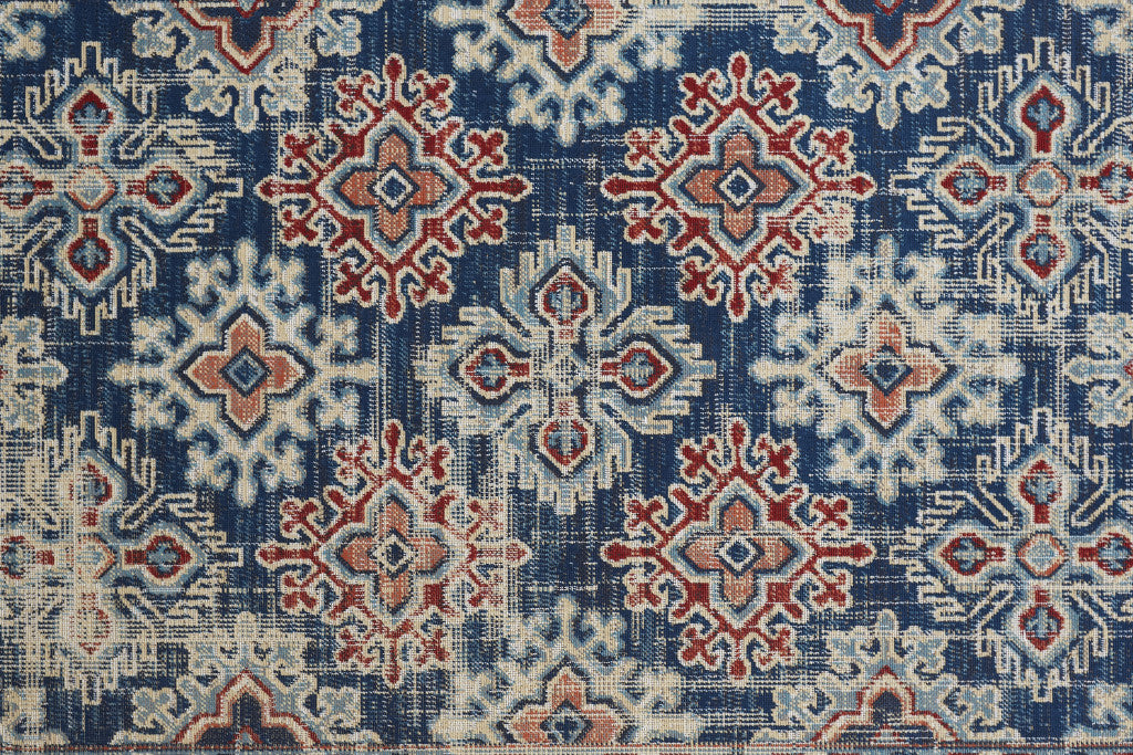 8' X 11' Blue Red And Ivory Abstract Power Loom Distressed Stain Resistant Area Rug