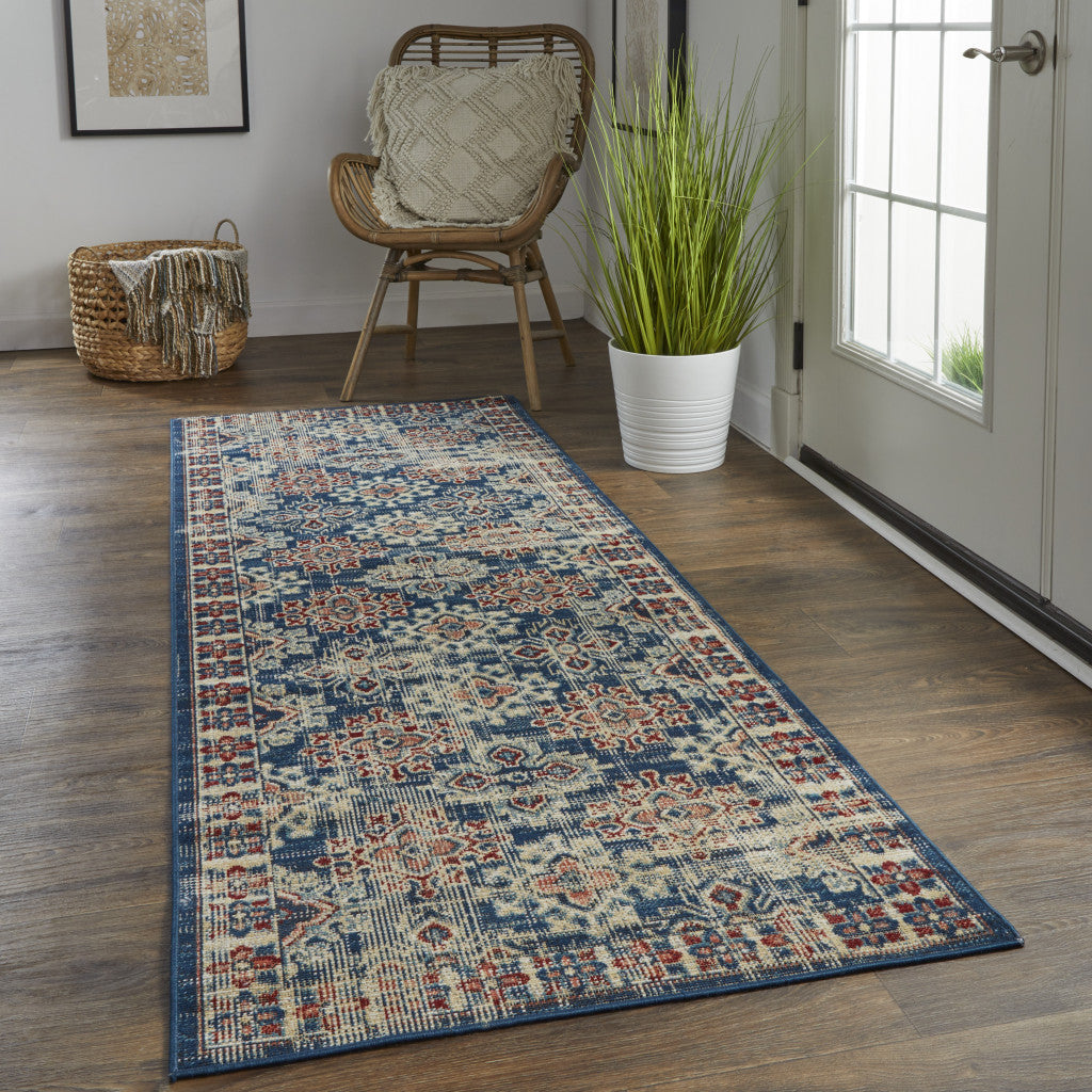 8' Blue Red And Ivory Abstract Power Loom Distressed Stain Resistant Runner Rug