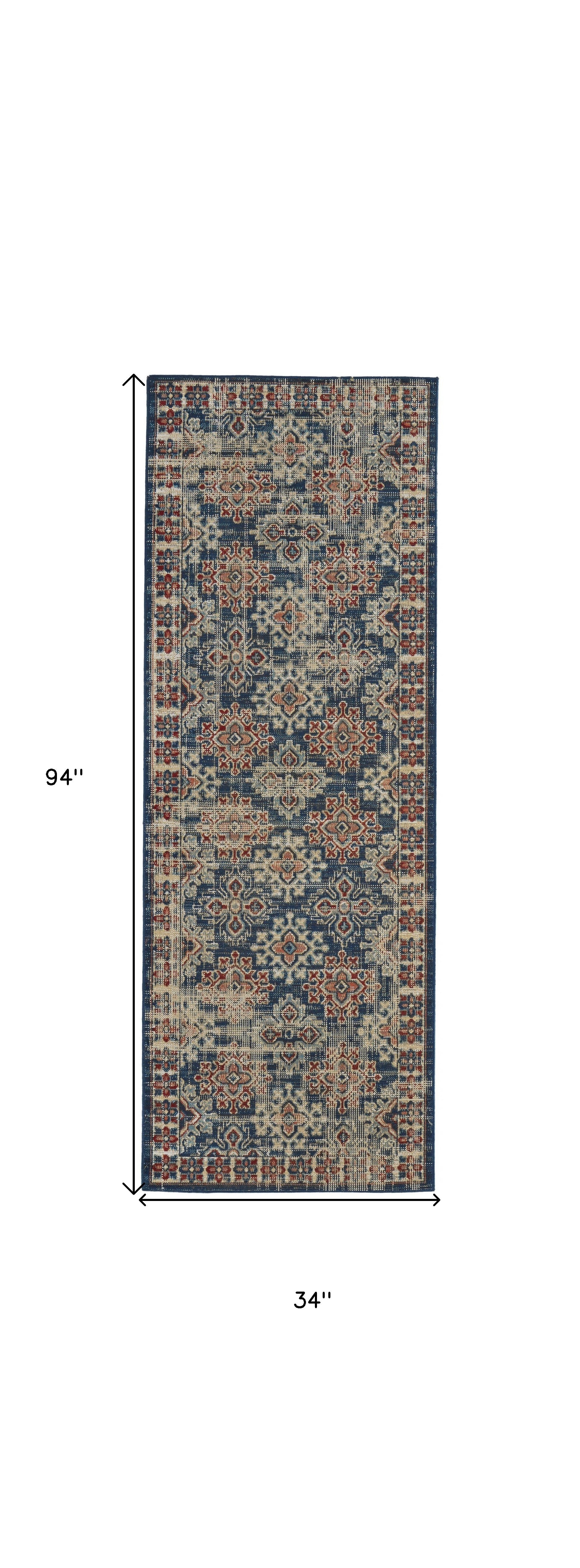 8' Blue Red And Ivory Abstract Power Loom Distressed Stain Resistant Runner Rug