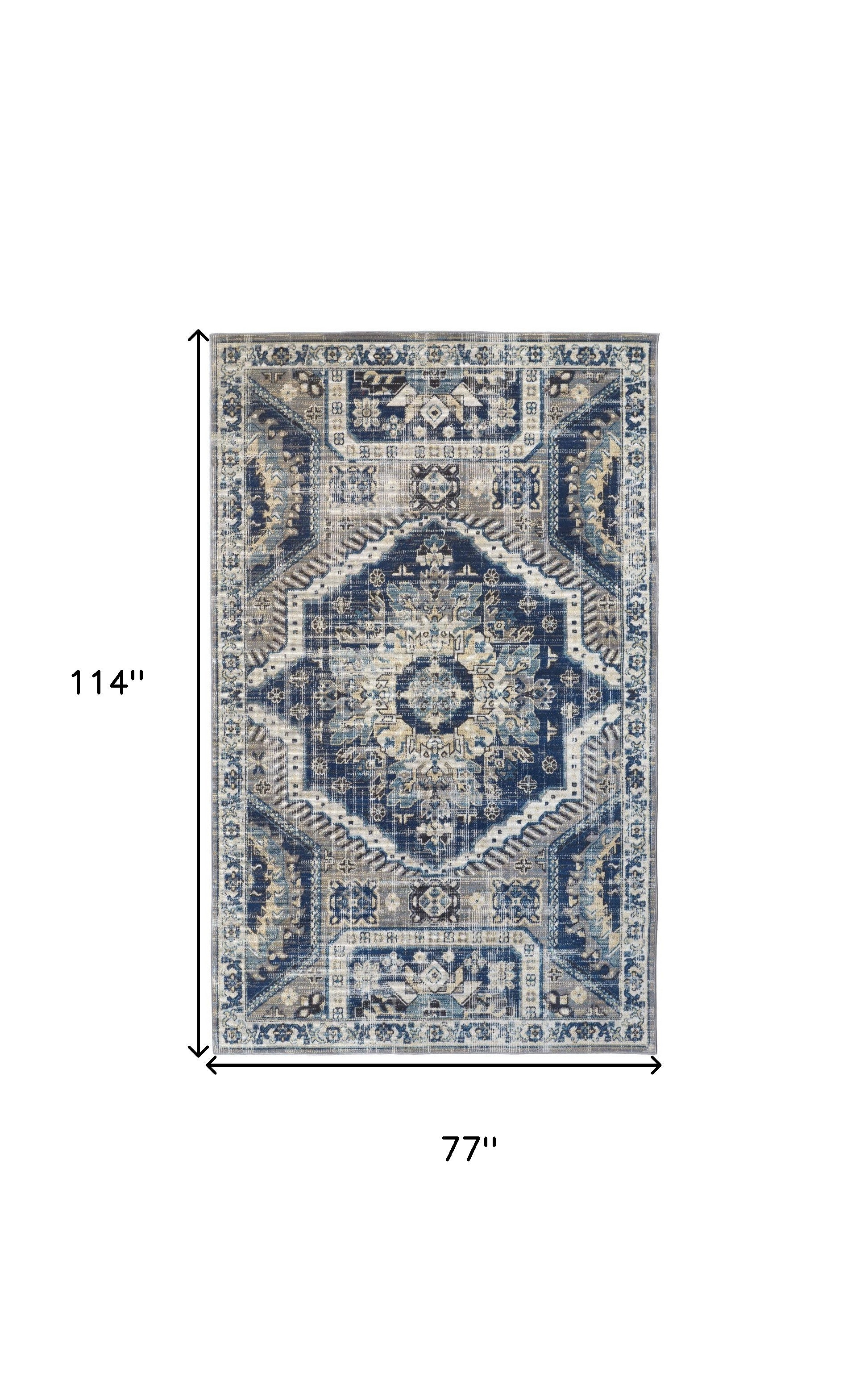 7' X 10' Blue And Ivory Abstract Power Loom Distressed Stain Resistant Area Rug