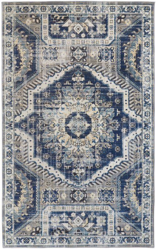 8' X 11' Blue And Ivory Abstract Power Loom Distressed Stain Resistant Area Rug