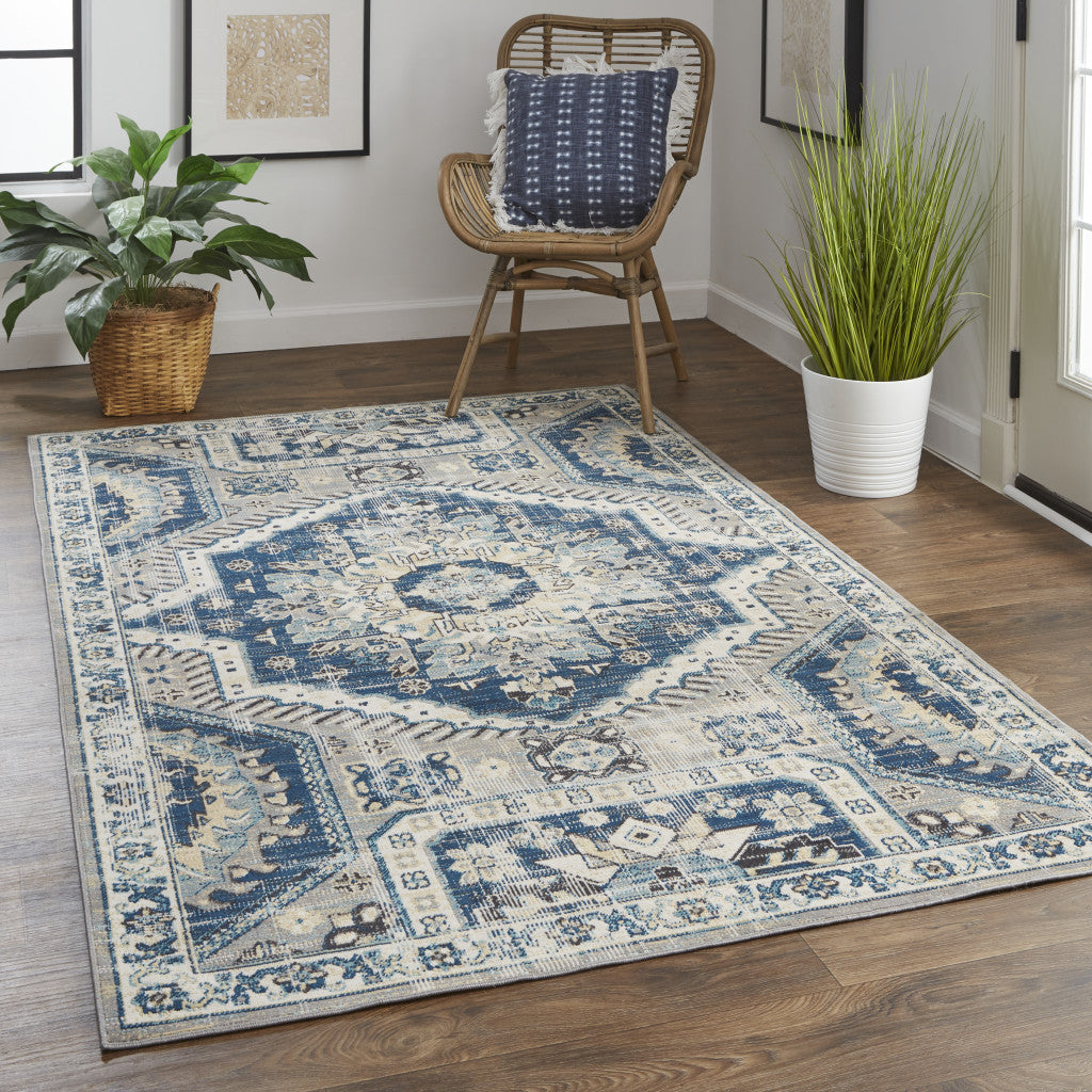 8' X 11' Blue And Ivory Abstract Power Loom Distressed Stain Resistant Area Rug