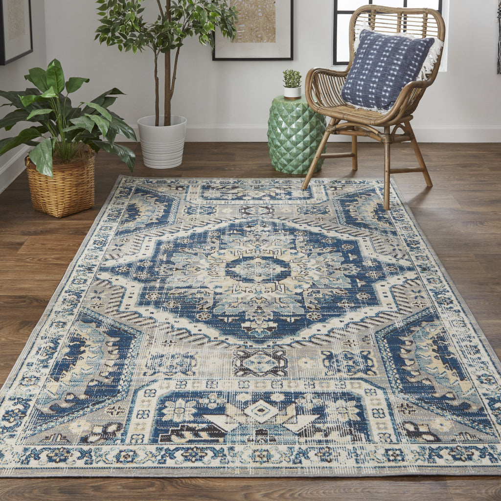 8' X 11' Blue And Ivory Abstract Power Loom Distressed Stain Resistant Area Rug