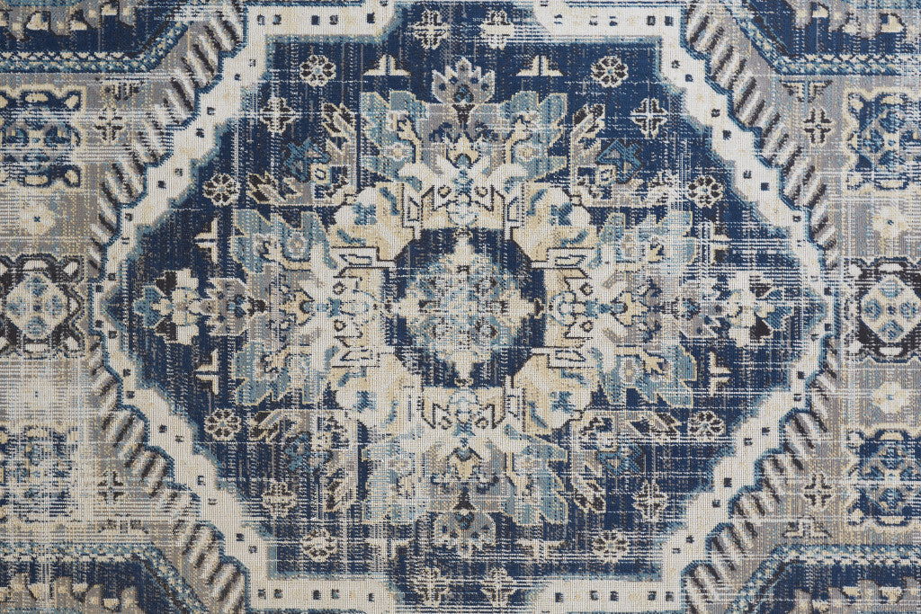 8' X 11' Blue And Ivory Abstract Power Loom Distressed Stain Resistant Area Rug