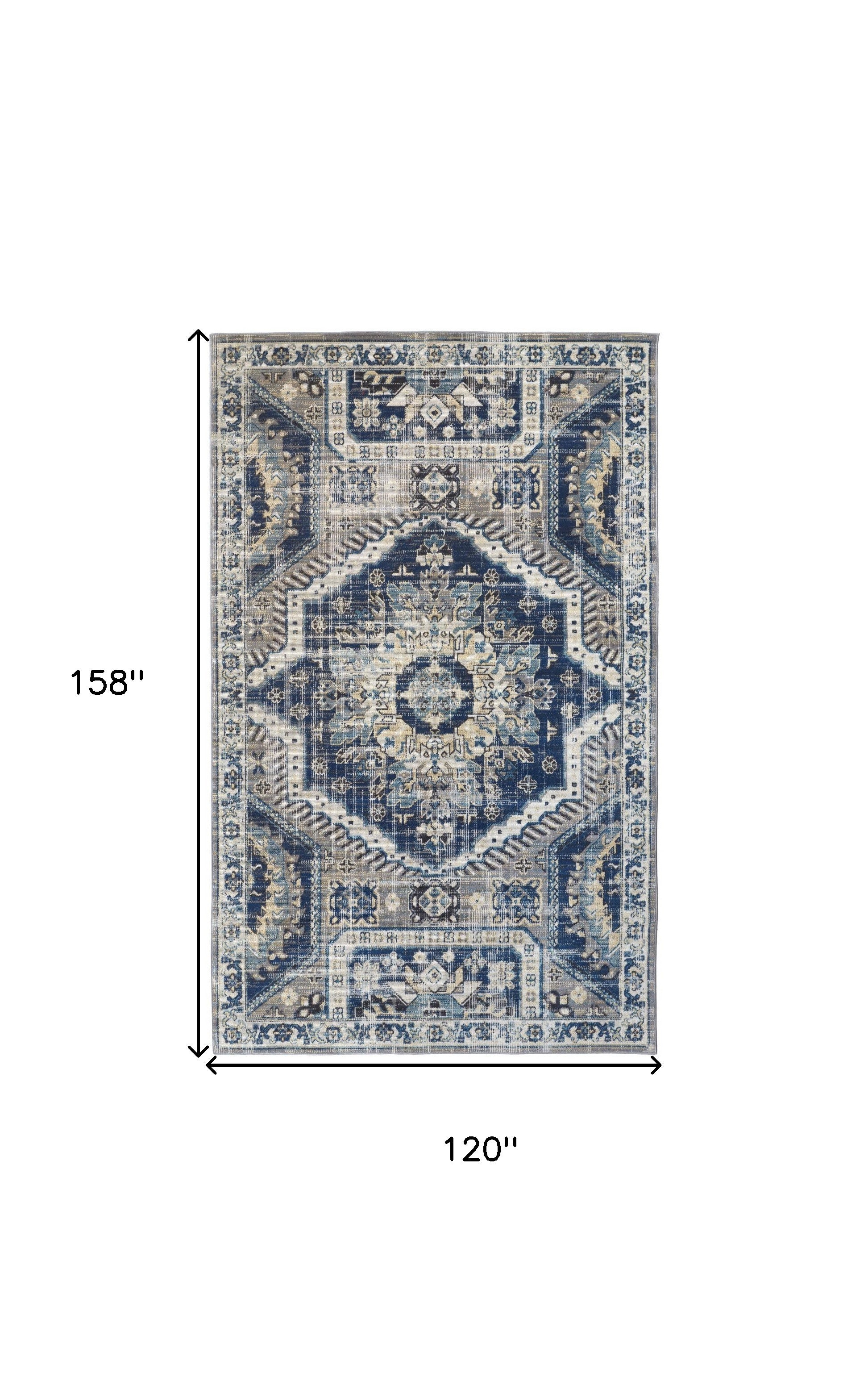 10' X 13' Blue And Ivory Abstract Power Loom Distressed Stain Resistant Area Rug