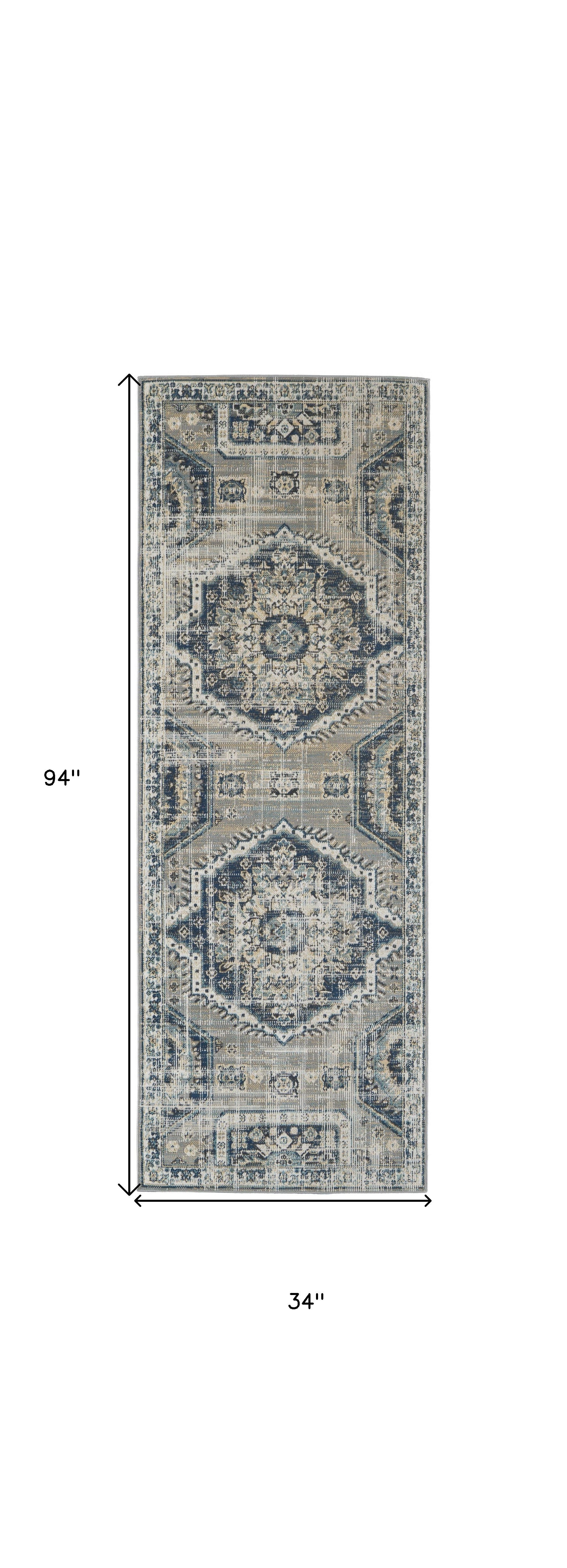 8' Blue And Ivory Abstract Power Loom Distressed Stain Resistant Runner Rug