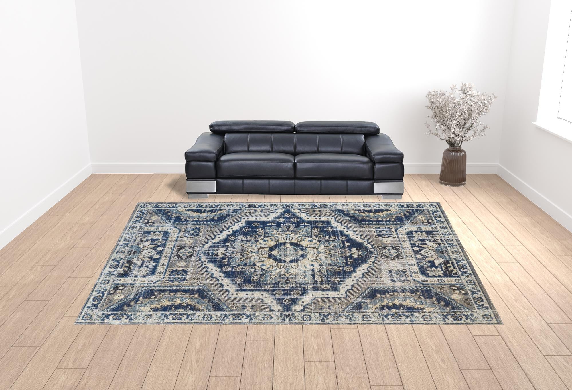 13' X 15' Blue and Ivory Abstract Power Loom Distressed Area Rug