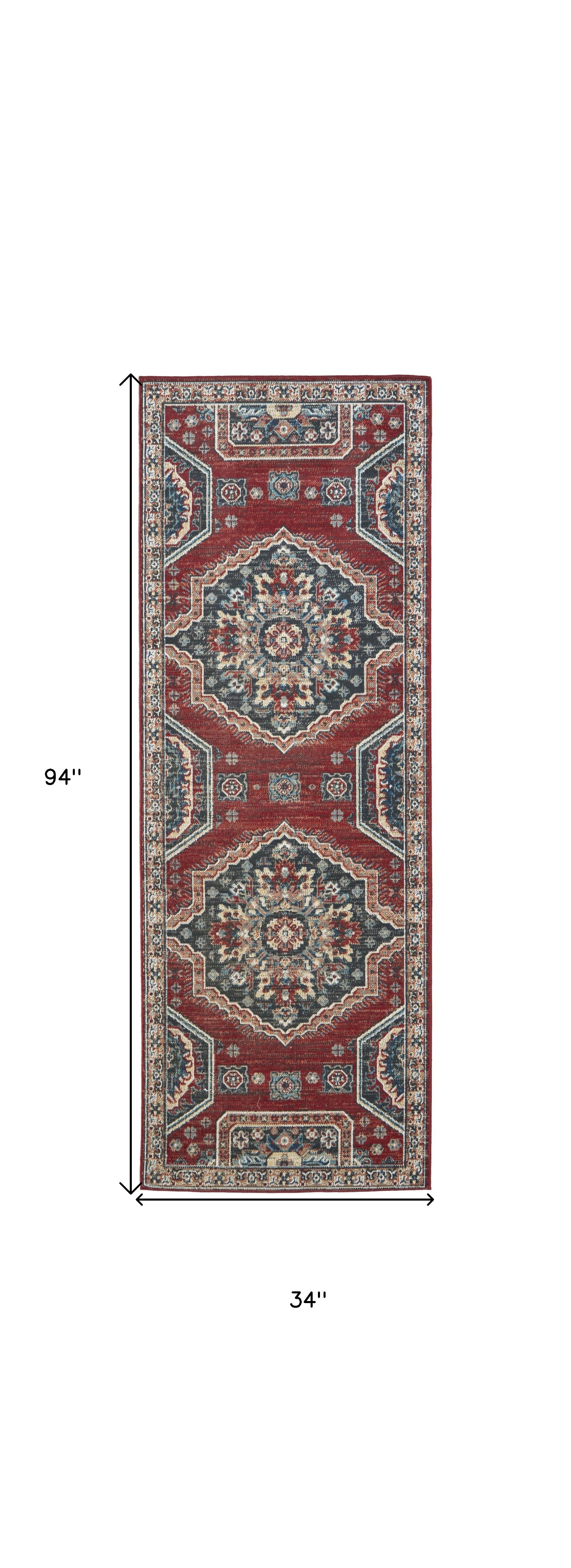 8' Red Gray And Tan Abstract Power Loom Distressed Stain Resistant Runner Rug