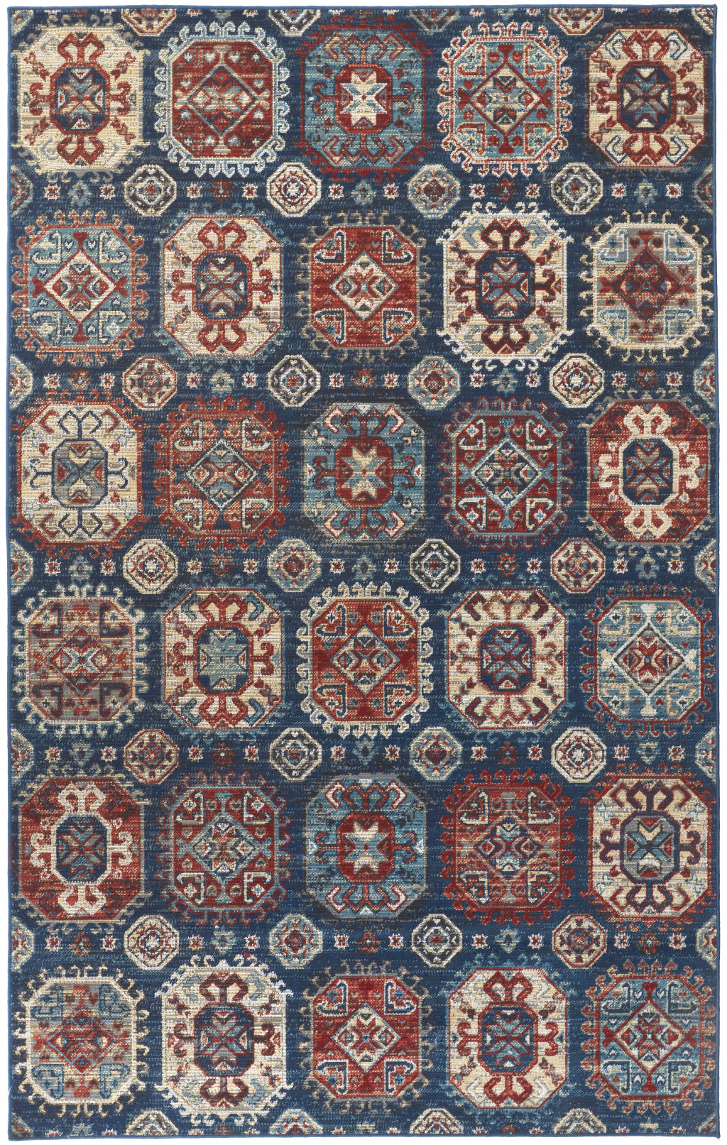 8' X 11' Blue Red And Tan Abstract Power Loom Distressed Stain Resistant Area Rug