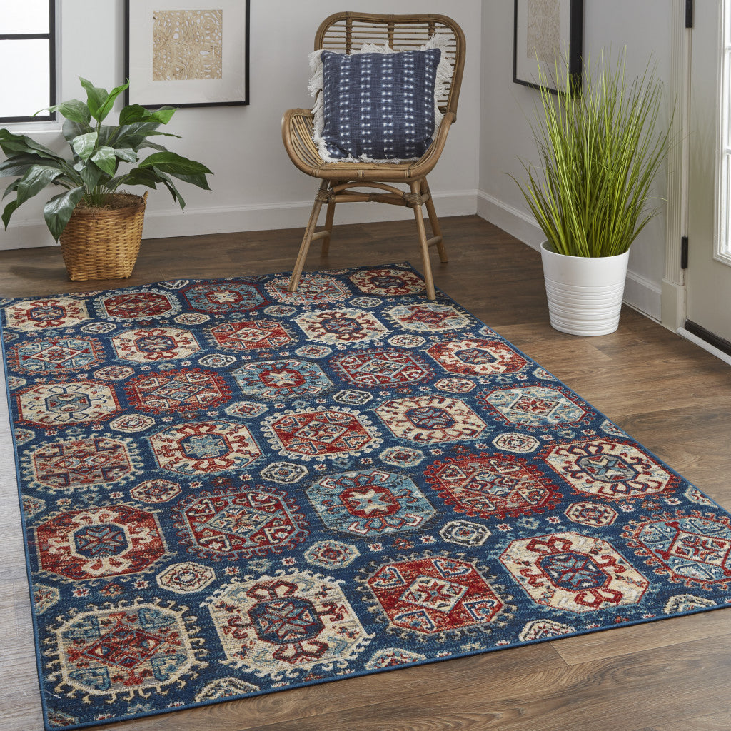 8' X 11' Blue Red And Tan Abstract Power Loom Distressed Stain Resistant Area Rug