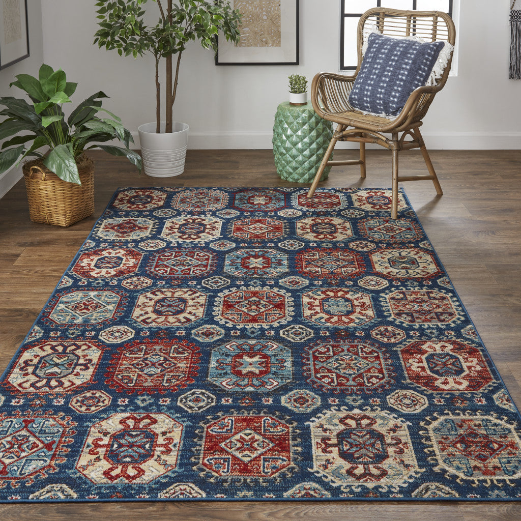 8' X 11' Blue Red And Tan Abstract Power Loom Distressed Stain Resistant Area Rug