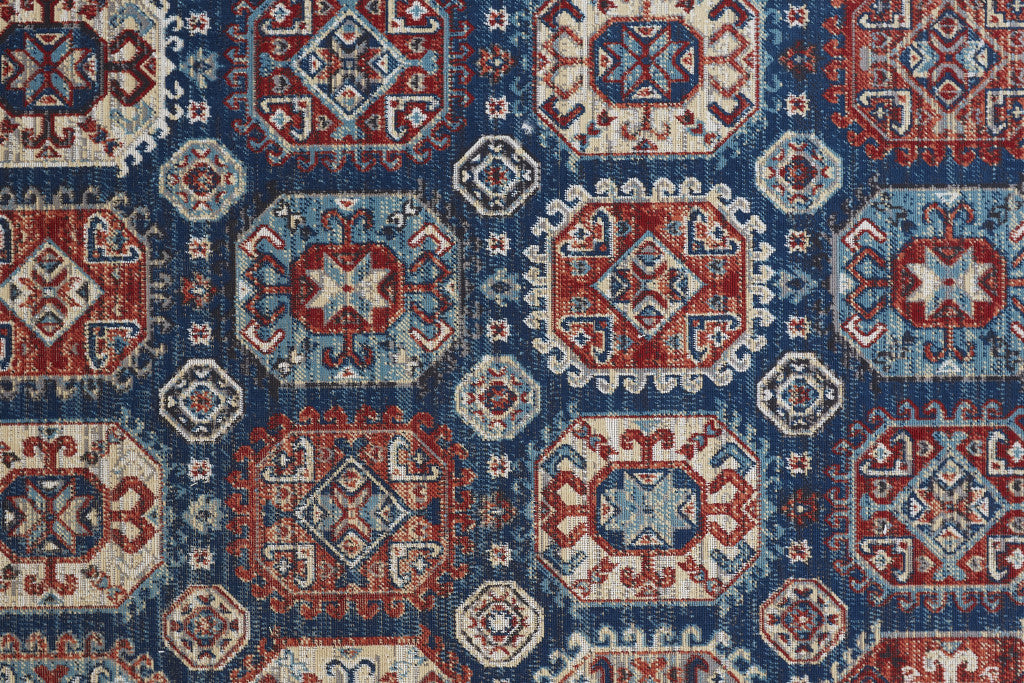 8' X 11' Blue Red And Tan Abstract Power Loom Distressed Stain Resistant Area Rug