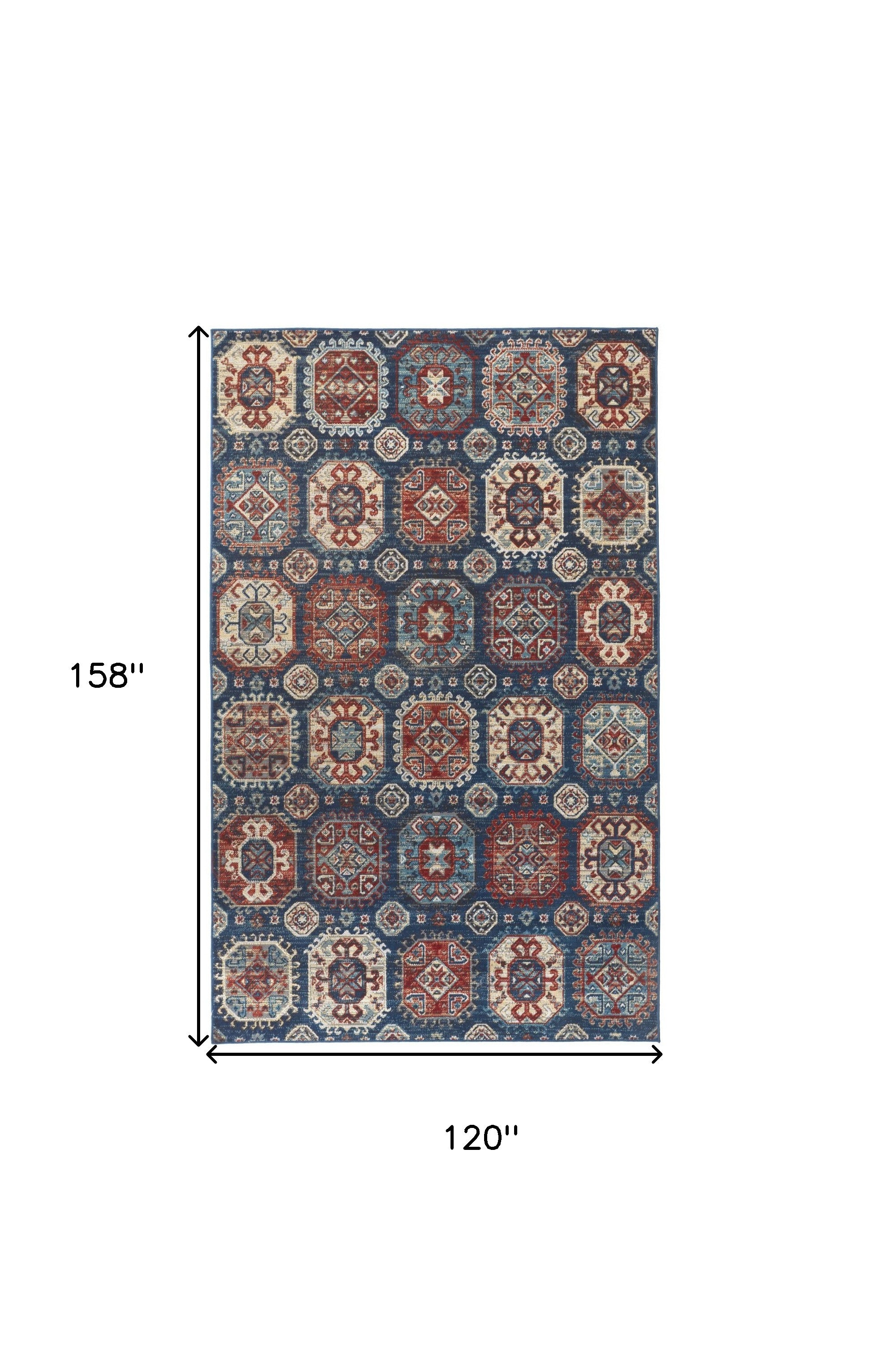 10' X 13' Blue Red And Tan Abstract Power Loom Distressed Stain Resistant Area Rug