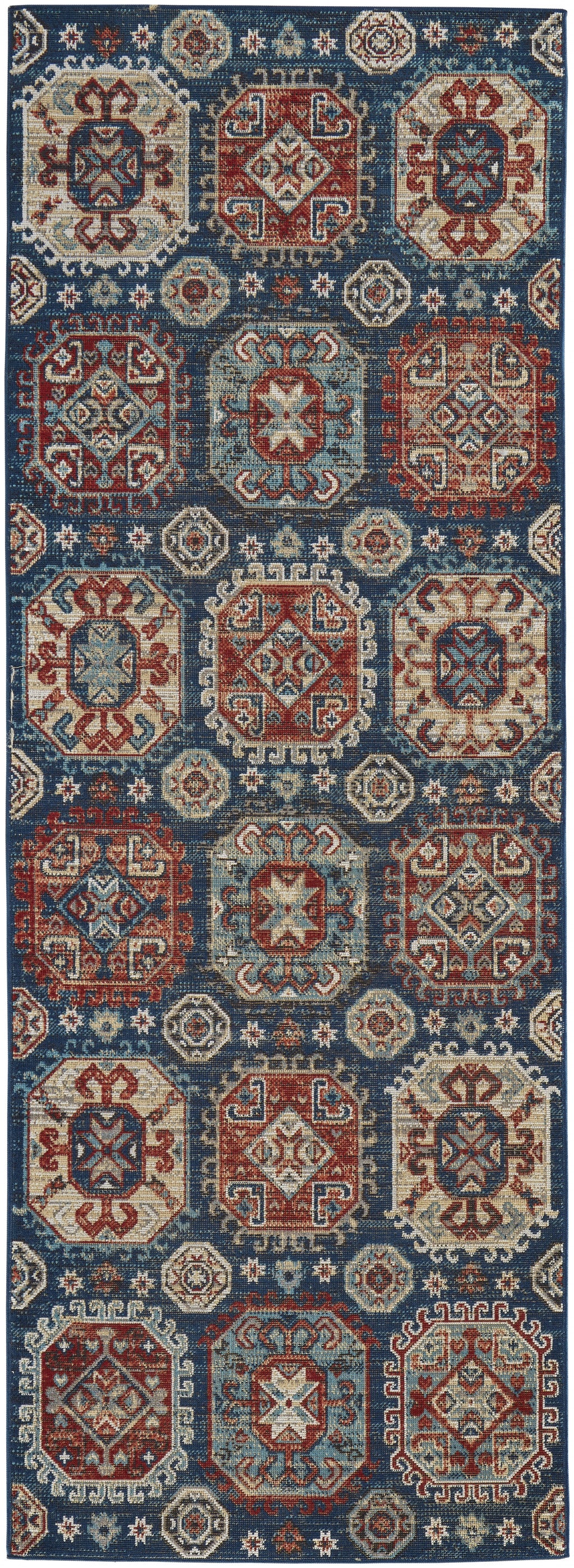 8' Blue Red And Tan Abstract Power Loom Distressed Stain Resistant Runner Rug