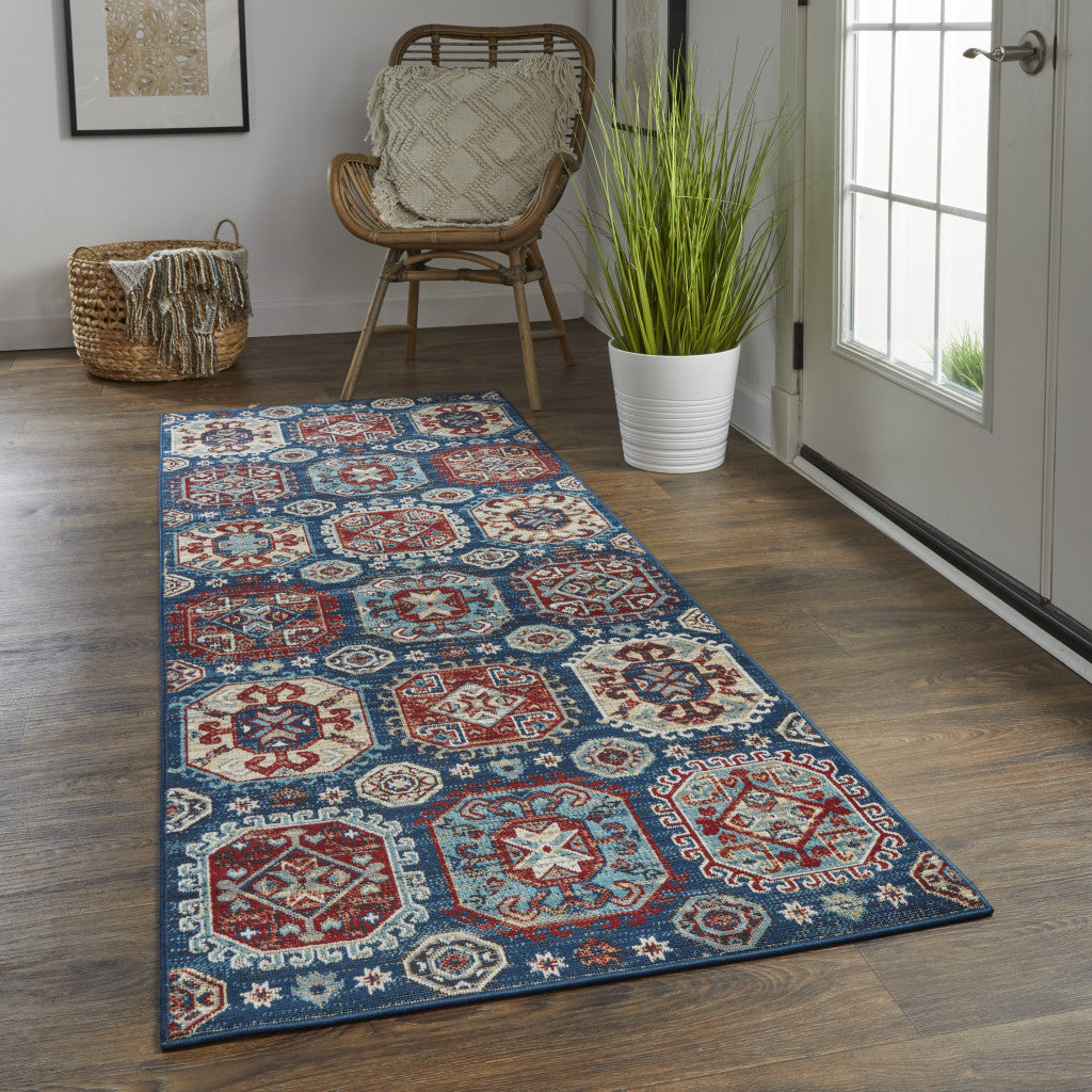 8' Blue Red And Tan Abstract Power Loom Distressed Stain Resistant Runner Rug