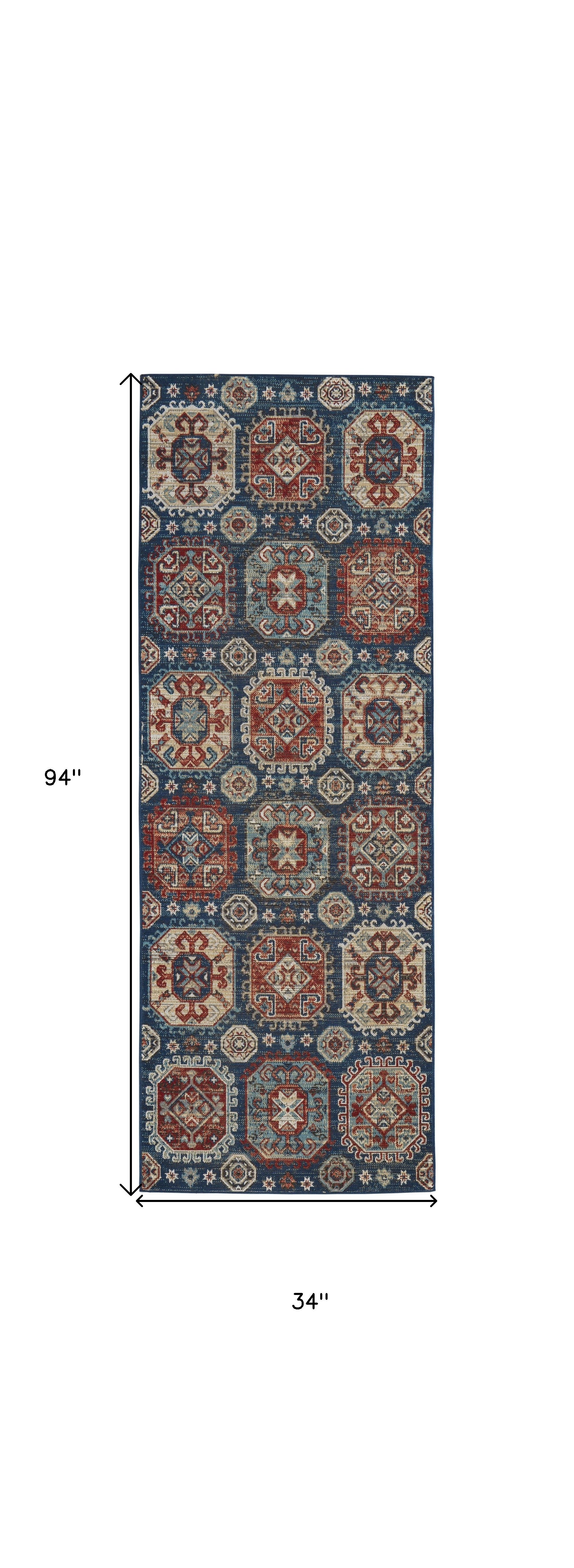 8' Blue Red And Tan Abstract Power Loom Distressed Stain Resistant Runner Rug