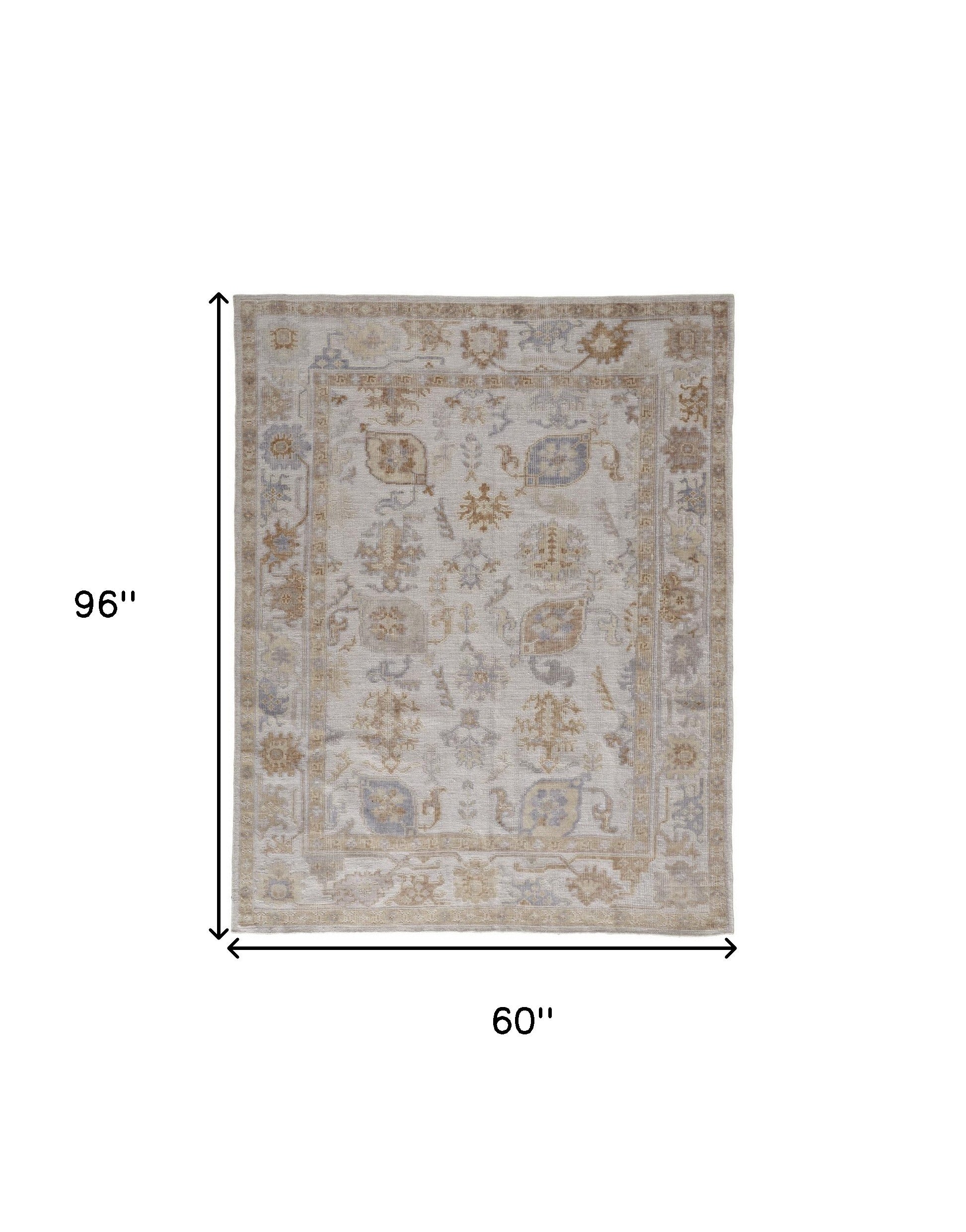 5' X 8' Ivory And Tan Floral Hand Knotted Stain Resistant Area Rug