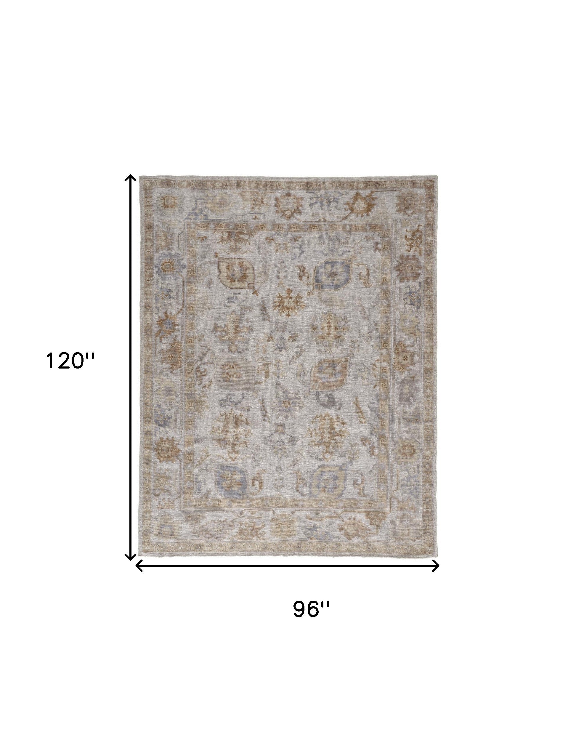 8' X 10' Ivory And Tan Floral Hand Knotted Stain Resistant Area Rug