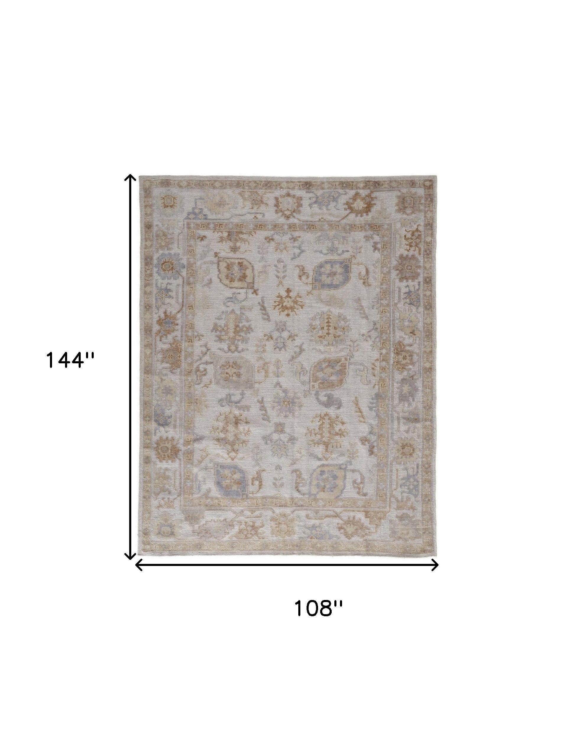 9' X 12' Ivory And Tan Floral Hand Knotted Stain Resistant Area Rug