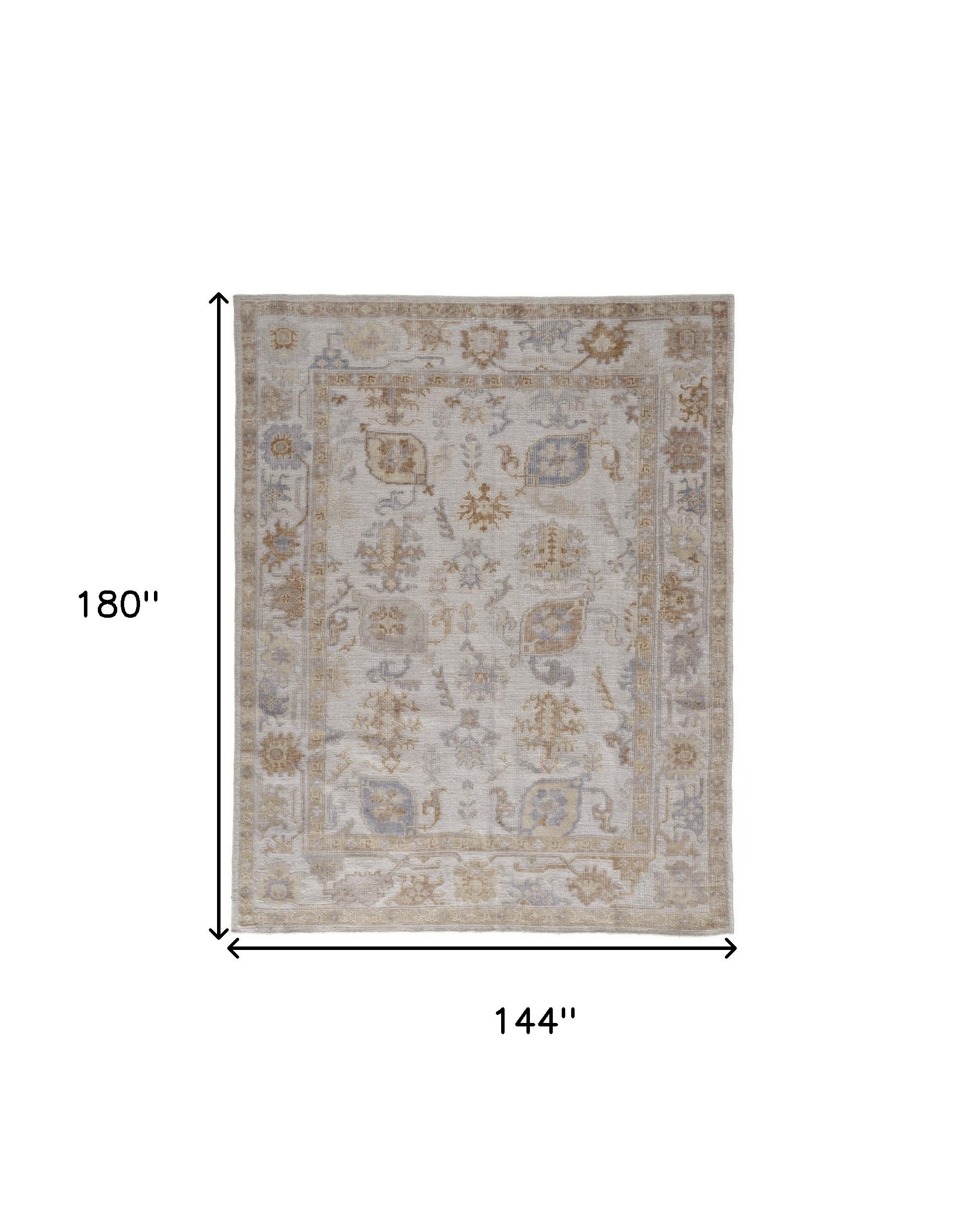 12' X 15' Ivory And Tan Floral Hand Knotted Stain Resistant Area Rug