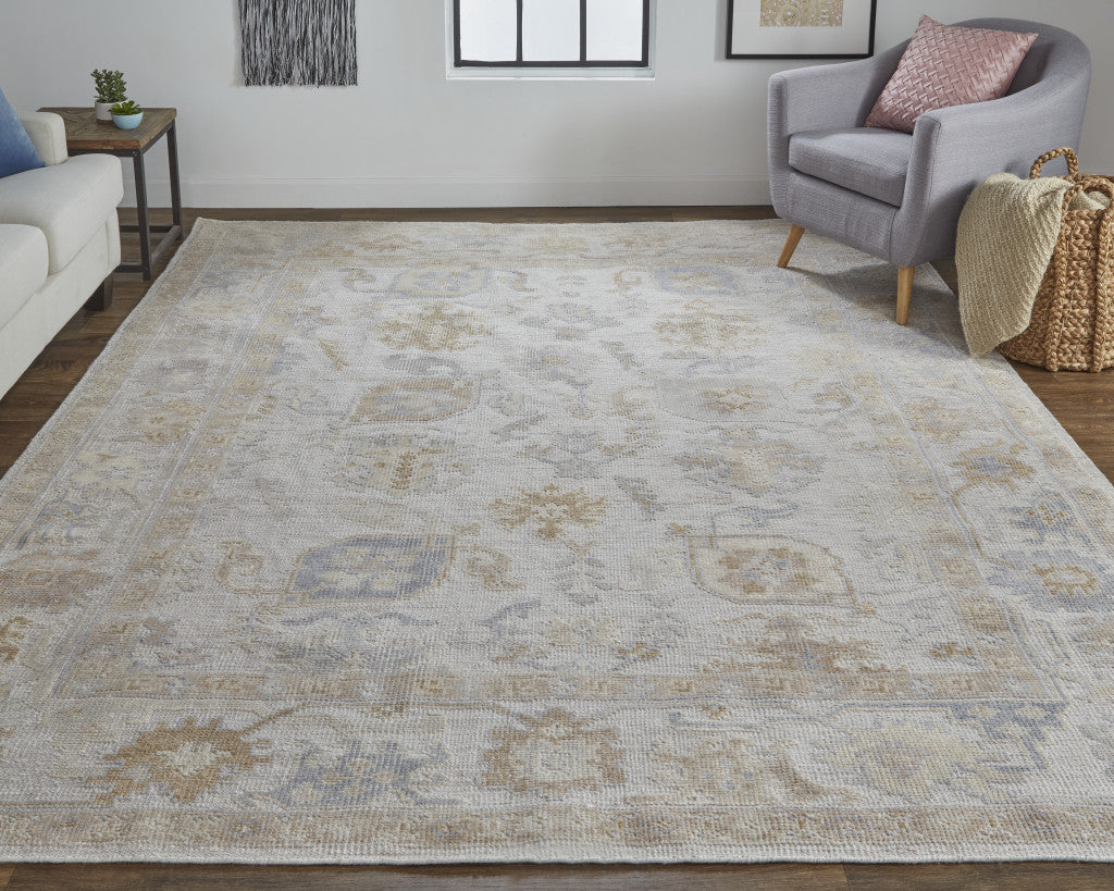 12' X 15' Ivory And Tan Floral Hand Knotted Stain Resistant Area Rug