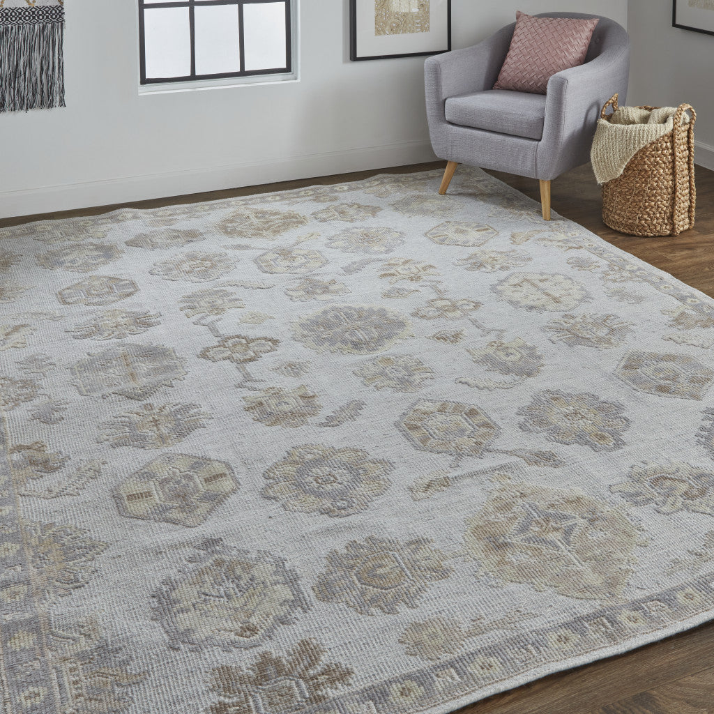 9' X 12' Ivory Silver And Tan Floral Hand Knotted Stain Resistant Area Rug