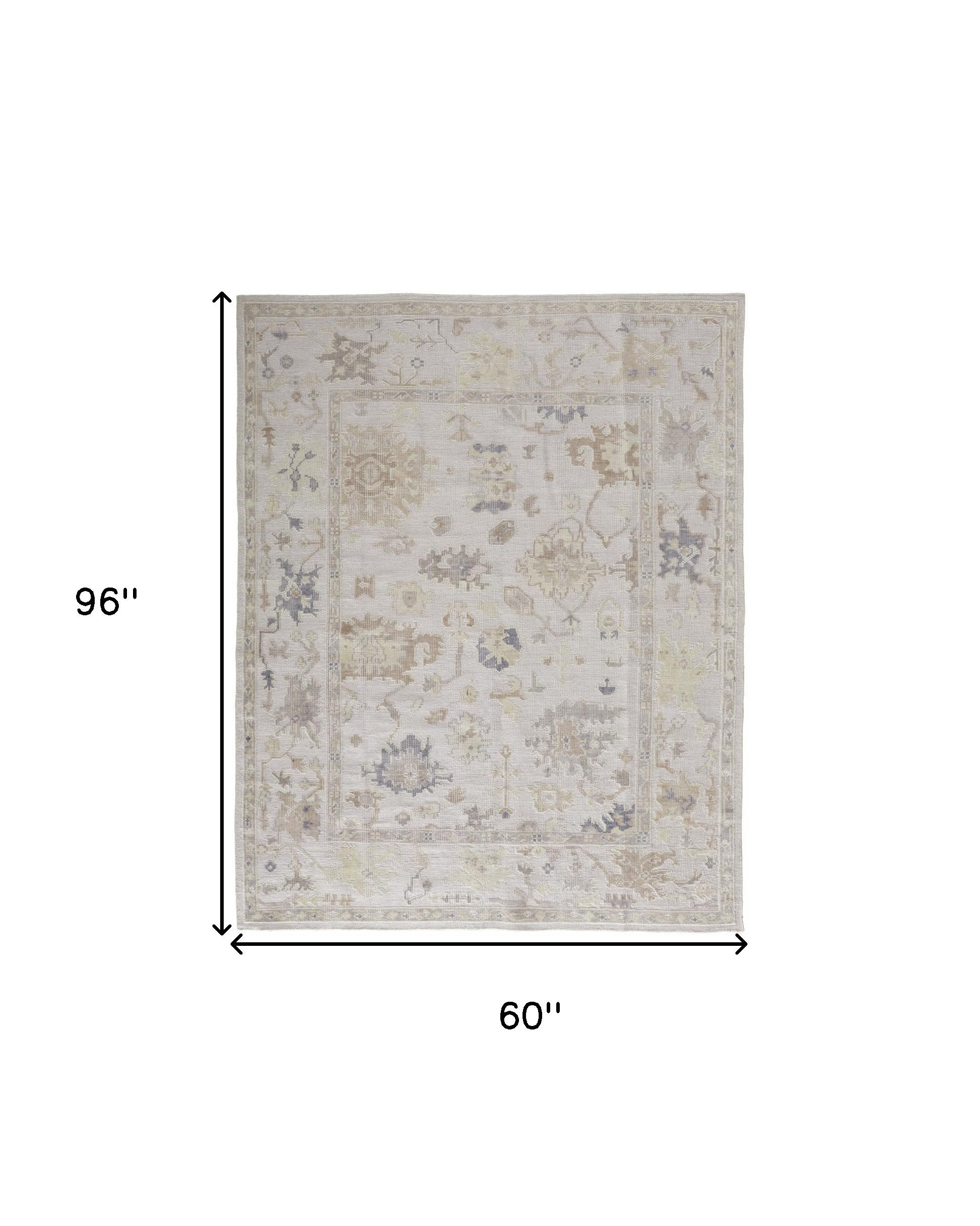 5' X 8' Tan Ivory And Orange Floral Hand Knotted Stain Resistant Area Rug